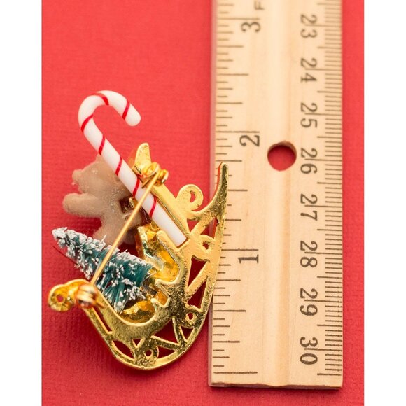 Christmas Theme Gold Tone Brooch/Bear/Cane/Christmas Tree/Sleigh By Avon F13 - Picture 2 of 2